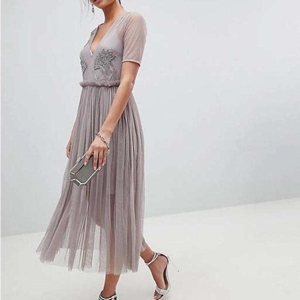 EUC ASOS Gray Midi Dress with Sheer Beaded Overlay Size 4